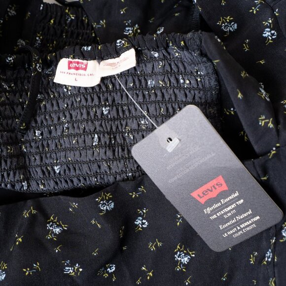 ✨ Levi's Finn Floral Puff Sleeve Blouse Short Sleeve Top Black - Picture 4 of 12